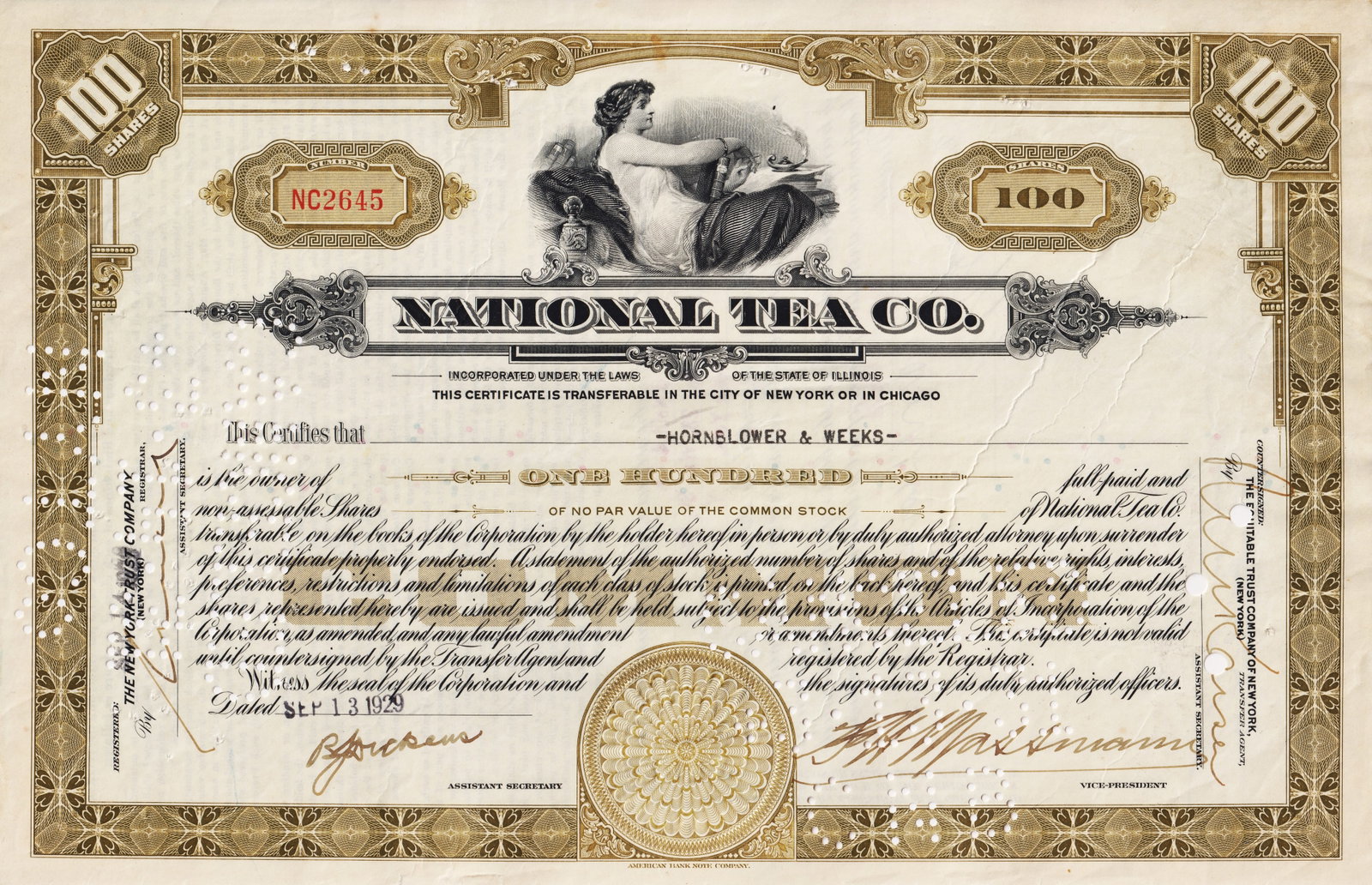 1929 National Tea Co. Stock Certificate, 100 Shares, Illinois-USA: Original stock certificate issued by National Tea Co. on September 13, 1929?just weeks before the infamous stock market crash. This document represents 100 shares of common stock with no par value, in