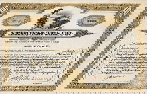 1929 National Tea Co. Stock Certificate, 100 Shares, Illinois-USA: Original stock certificate issued by National Tea Co. on September 13, 1929?just weeks before the infamous stock market crash. This document represents 100 shares of common stock with no par value, in