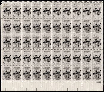1955 US Religious Freedom 3? Plate Block of 50, Mint Never Hinged: This complete sheet of 50 three-cent United States postage stamps was issued in 1955 to commemorate the theme of "Religious Freedom." The monochrome design features a symbolic composition including th