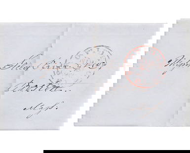 1850 Providence to Boston stampless folded letter with red CDS: This authentic stampless folded letter was sent from Providence, Rhode Island to Boston, Massachusetts in 1850. The front of the folded letter bears a sharp red circular date stamp (CDS) reading "PROV