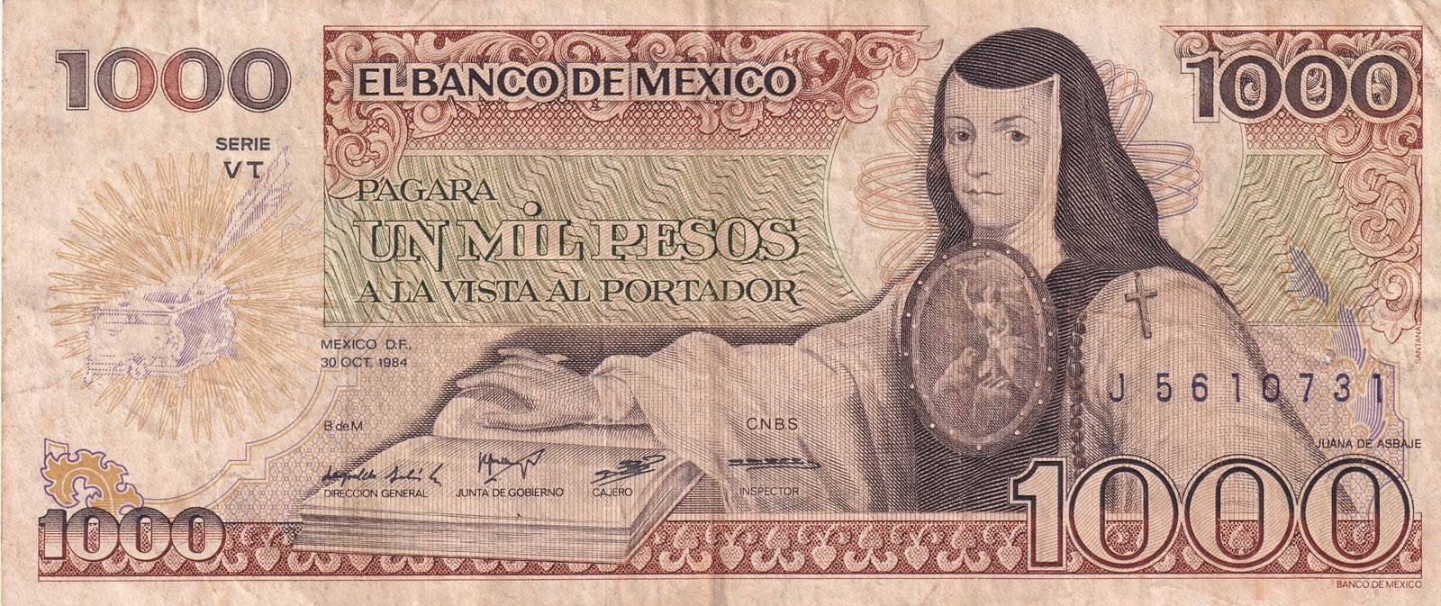 Mexico 1000 Pesos 1984, Sor Juana & Chapultepec Castle, J5610731: This 1000 pesos banknote, issued by El Banco de M?xico on October 30, 1984, features one of Mexico?s most iconic intellectual and literary figures, Sor Juana In?s de la Cruz. A revered 17th-century nu