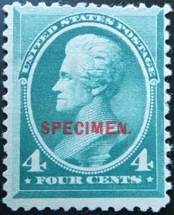 1883 4? Blue Green Specimen, Mint Never Hinged, Scott #211S: This is a striking example of the 1883 U.S. General Issue 4-cent postage stamp, printed in blue green and overprinted with the red "SPECIMEN" marking. Issued as part of the definitive series of the er
