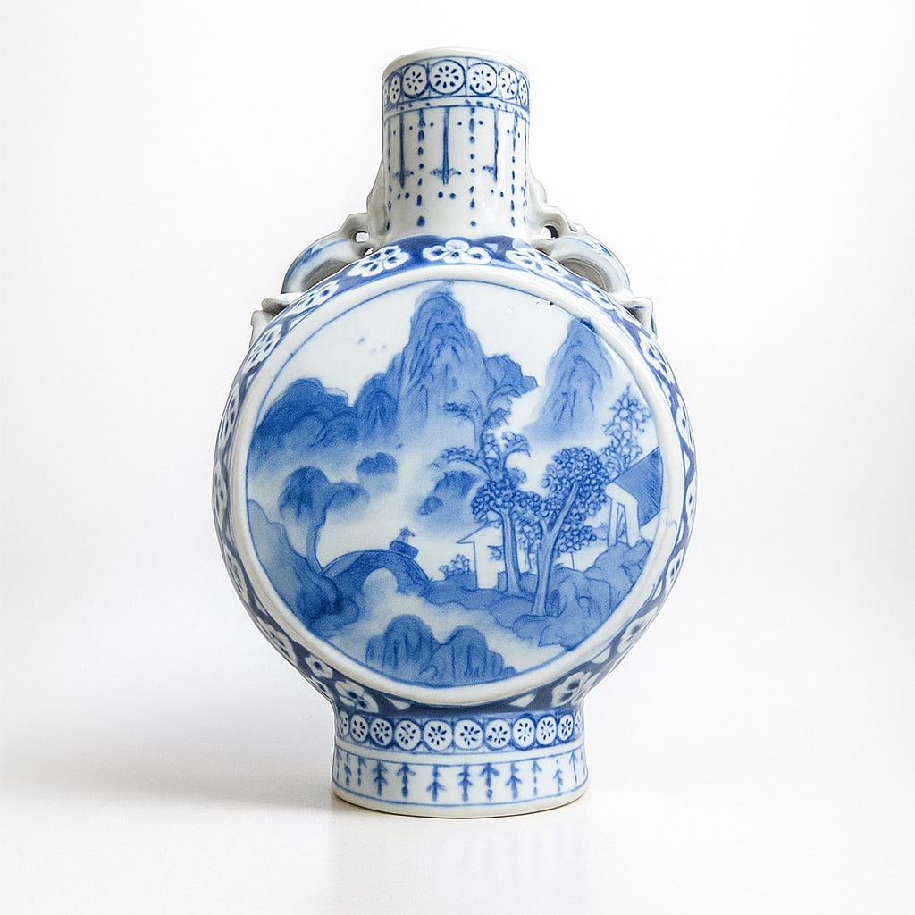 Qing Dynasty Blue and White Porcelain Moon Flask, Pilgrim Bottle: This elegant blue and white porcelain moon flask, also known as a pilgrim bottle, originates from Qing Dynasty China. Standing approximately 21 cm tall and measuring about 14.5 cm in width and 6 cm in