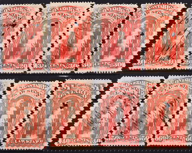 1870 Ontario Law Stamps set, Allegorical Figure, used, Canada Revenues: A complete set of eight revenue stamps issued in 1870 by the Province of Ontario under the "Law Stamp" designation, intended for legal document taxation. The denominations range from 10 cents to 1 dol