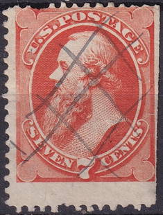 1873 U.S. Stanton Issue, 7 cent red orange, criss-cross killer Scott 160: This 7-cent stamp was issued by the United States on September 10, 1873, as part of the definitive series printed by the Continental Bank Note Company during the early years of Reconstruction. It feat