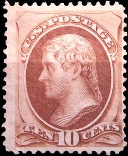 1873 U.S. 10 Cent Brown, American Bank Note Co., Scott #161 MNH: This 10 cent brown stamp, issued in 1873, is a mint never hinged example from the General Issues series of the United States and is catalogued as Scott #161. Printed by the American Bank Note Company,