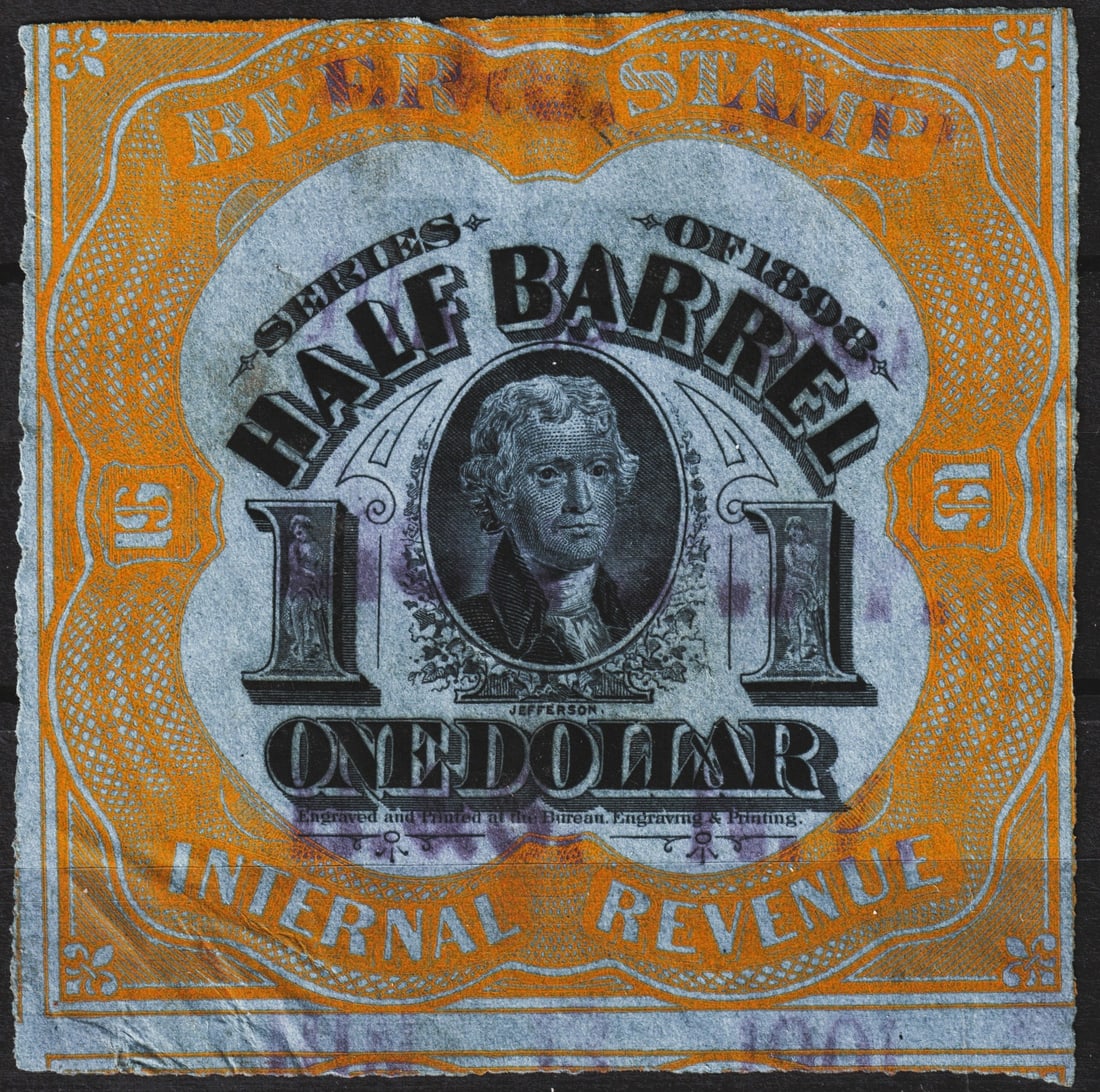 1898 U.S. Beer Stamp, Half Barrel, Jefferson Portrait, $1 Orange: This striking U.S. Internal Revenue beer stamp was issued in 1898 for tax purposes on half-barrel quantities of beer, as part of federal taxation laws following the Spanish-American War. It is vividly