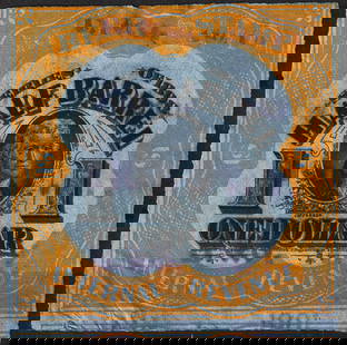 1898 U.S. Beer Stamp, Half Barrel, Jefferson Portrait, $1 Orange: This striking U.S. Internal Revenue beer stamp was issued in 1898 for tax purposes on half-barrel quantities of beer, as part of federal taxation laws following the Spanish-American War. It is vividly