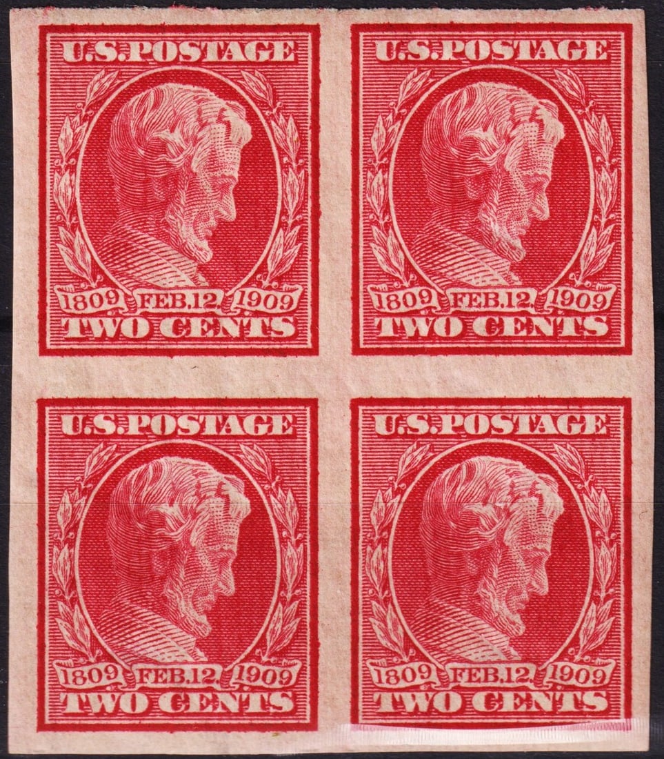 1909 US 2c Lincoln Block of 4, Centerline Pair, Scott #368, MNH (1 of 2)