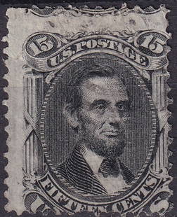 1868 U.S. Grilled Issue, Abraham Lincoln black 15?, Scott 98: This 15 cent black stamp, issued on May 4, 1868, is part of the National Bank Note Company?s grilled issue series and features a finely detailed engraving of Abraham Lincoln, the 16th President of the