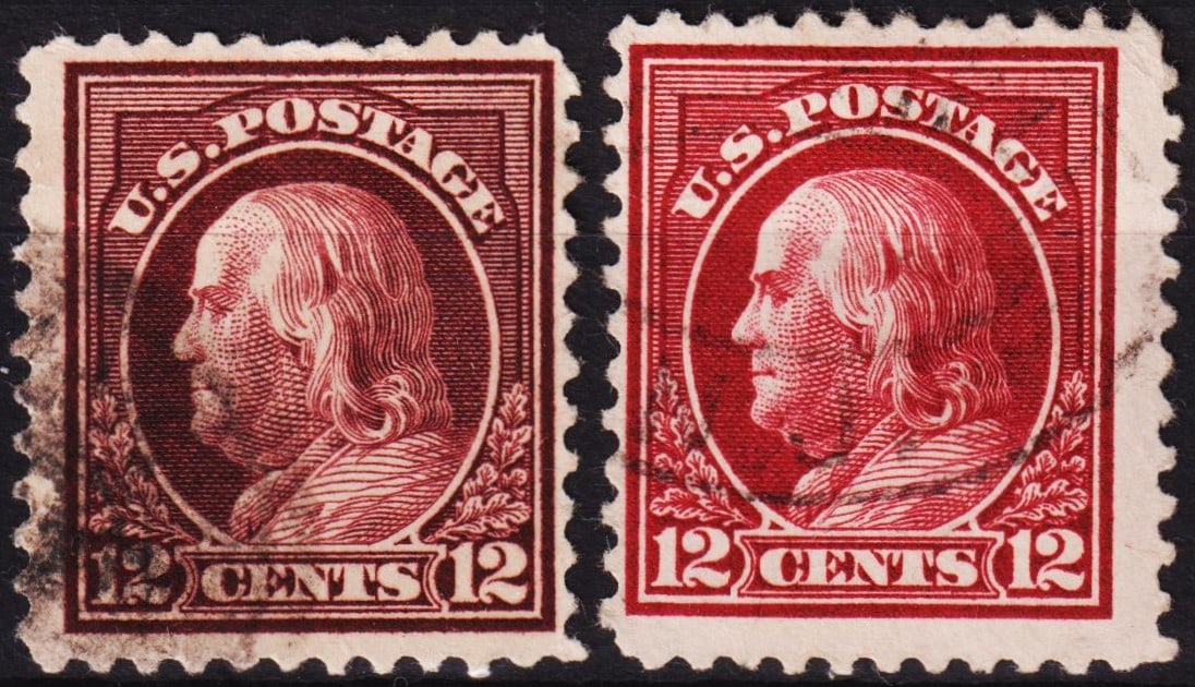 1917 US Franklin 12c, Pair in Claret Brown & Red, Scott 512b (1 of 2)