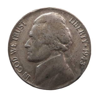 1943 US Jefferson War Nickel, Silver Alloy, KM# 192a: This 1943 Jefferson Nickel belongs to the special wartime issue minted between 1942 and 1945, when nickel?a strategic metal during World War II?was removed from U.S. five-cent coins and replaced by a