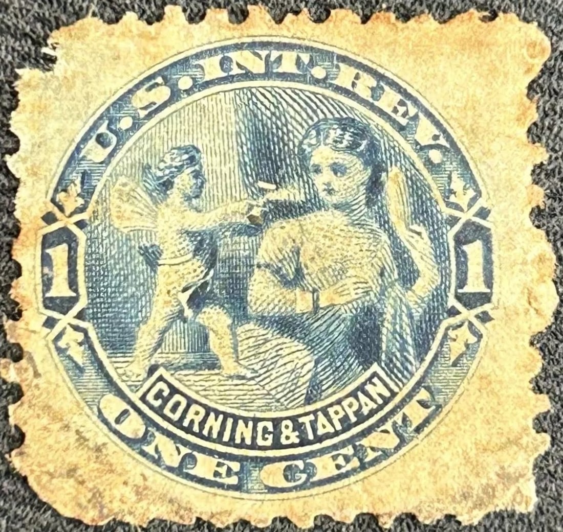 1878?83 U.S. Private Die Stamp, Corning & Tappan, Perfume Tax, RT4d: An appealing and rare 1 cent U.S. Private Die Proprietary Stamp issued for Corning & Tappan, a known perfumery during the late 19th century. Printed between 1878 and 1883, this engraved stamp features