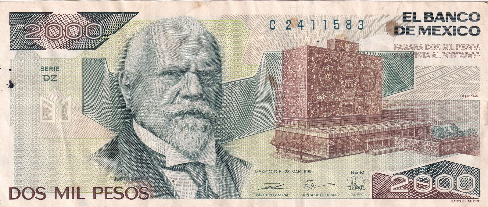 1989 Mexico 2000 Pesos, Justo Sierra, UNAM Library, Series DZ (1 of 2)