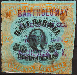1878 US Beer Stamp, Half Barrel, Jefferson Portrait, Series of 1878: A striking and highly collectible United States Internal Revenue beer stamp from the Series of 1878, denominated "Fifty Cents" for taxation of a half barrel of beer. Printed by the Bureau of Engraving