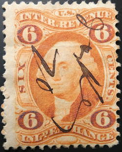 1871 US Revenue Stamp, 6? Inland Exchange, Washington, R30c VF: An attractive used example of the 1871 United States Inland Revenue stamp for Inland Exchange, denomination 6 cents, catalogued as Scott R30c. The stamp features a portrait of George Washington in ora