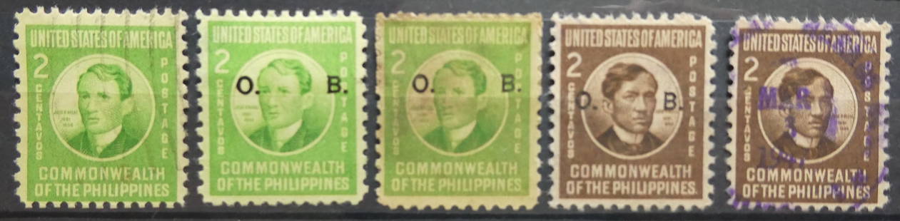 1940s Philippines 2c Green "Jose Rizal", O.B. Official Overprint: This official stamp from the Commonwealth of the Philippines features a green 2 centavos denomination with a portrait of national hero Jos? Rizal (1861?1896), based on a design under U.S. administrati