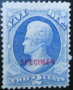 U.S. 1873 Navy Department 2c Blue, Specimen Overprint: This United States 2-cent stamp issued in 1873 for the Navy Department features a deep blue engraved portrait of Admiral David Farragut, one of the most prominent naval figures of the Civil War. The s
