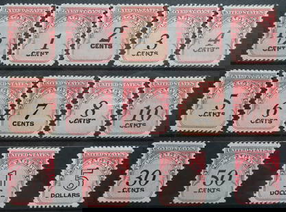 Complete set U.S. Postage Due 1959, J88?J101, ?? to $5 MNH: This is a complete mint never hinged (MNH) set of United States Postage Due stamps issued in 1959, featuring denominations from &frac12; cent to 5 dollars (Scott J88?J101). Each stamp is printed in ca