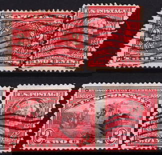 1909 U.S. 2 Cent Commemoratives, Alaska-Yukon, Lincoln & Hudson-Fulton: A well-preserved group of four red 2-cent commemorative stamps from the United States, all issued in 1909 to honor notable American anniversaries and achievements. The first stamp, depicting William H