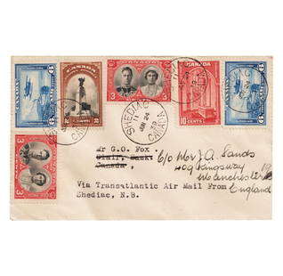 1939 Canada Air Mail Cover to England with Royal Visit stamps: This philatelic cover from Canada, postmarked June 24, 1939, was sent via Transatlantic Air Mail from Shediac, New Brunswick, to Manchester, England. It features a colorful and well-balanced franking