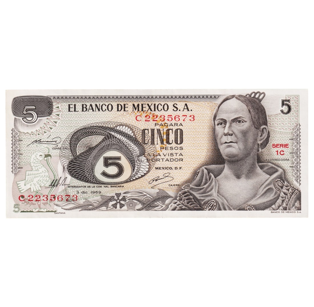 Mexico 5 Pesos Banknote, 1969, Benito Ju?rez, Banco de M?xico S.A. (1 of 2)