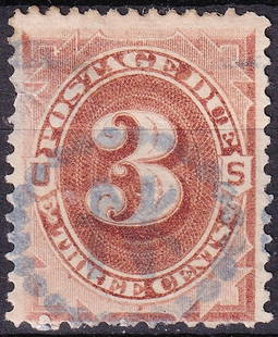 1884 USA Postage Due 3c red brown, fine cancel, Scott J17: Issued on January 1, 1884, this 3 cent postage due stamp belongs to the second series of U.S. due stamps, designed to indicate underpaid or unpaid postal charges. Printed via intaglio in a rich red-br