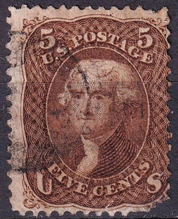 1863 U.S. Bank Note Issue, Thomas Jefferson brown 5?, Scott 76: Issued on February 3, 1863, this 5 cent brown stamp from the National Bank Note Company features an intaglio portrait of Thomas Jefferson, third President of the United States, principal author of the