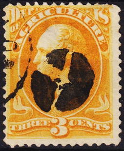 1873 U.S. Official Stamp, Agriculture Dept. 3c Orange, Scott O3: 1873 U.S. Official Stamp, Agriculture Dept. 3c Orange, Scott O3Beskrivning: This 3-cent orange official stamp issued in 1873 for the United States Department of Agriculture forms part of the first ser
