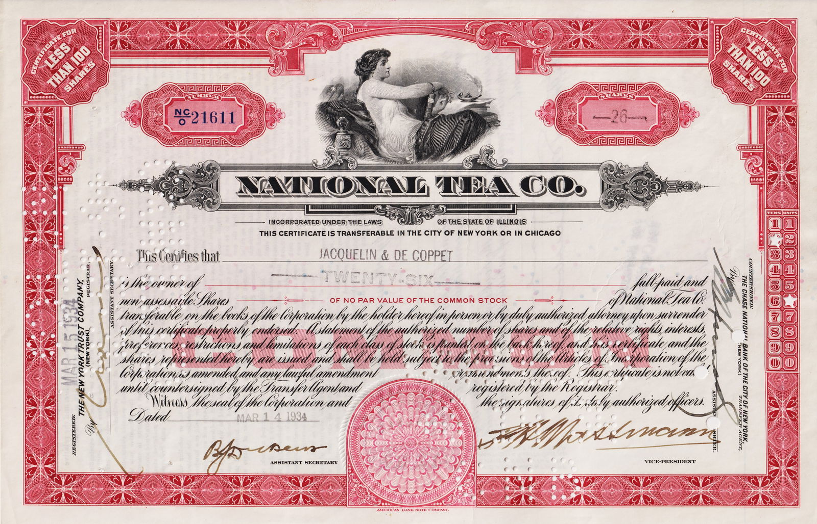 1934 National Tea Company Stock Certificate, Illinois, 26 Shares (1 of 2)