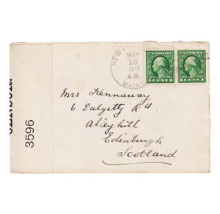 1916 WWI US–UK Cover, Censored, 2c Washington Pair, Maine to Scotland: This original World War I–era cover, dated May 16, 1916, was sent from Newport, Maine (USA) to Edinburgh, Scotland, addressed to "Mrs. Kennaway" at 6 Dalgetty Rd, Abbeyhill. The envelope bears a pai