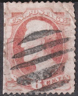 1870 6¢ Carmine Lincoln Stamp, National Bank Note, Killer Cancel Scott US 148: Issued on March 28, 1870, this 6-cent stamp from the United States features a finely engraved left-facing profile of President Abraham Lincoln in carmine. Printed by the National Bank Note Company, th