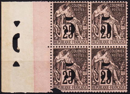 1886 French PO China Alph?e Dubois block, black OVP 5c, Scott FR-CC 4 MNH: China 1886, rare multiple from the French Post Office in China, issued under the Type Alphe Dubois design for French Indochina. This block features the 5 centimes denomination in black with overprint