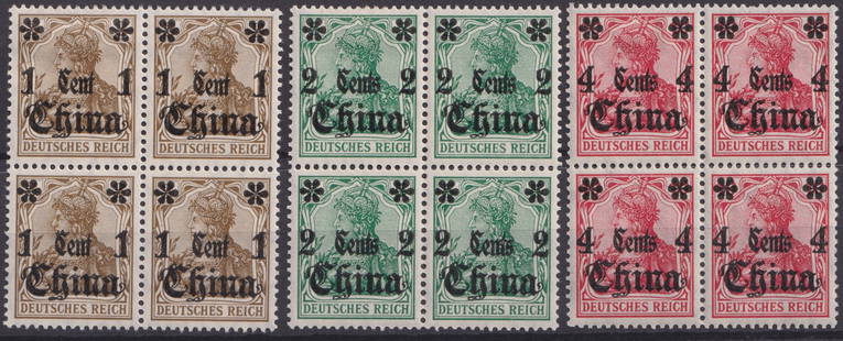 1905 German Post in China, Germania 1?4 cents overprint, blocks, Scott Ger 35?37: This is a matched set of mint never hinged blocks of four from the German Imperial Post Offices in China, featuring overprinted Germania issues denominated in Chinese cents. Issued in 1905, these stam