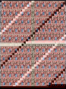 1917 Russian PO in China, 15c on 15k red & blue eagle overprint full sheet, Chan: This complete sheet of 100 stamps was issued by the Russian Post Offices in China in 1917, featuring a black diagonal surcharge of ?15 Cents? applied to the 15 kopek imperial issue originally printed