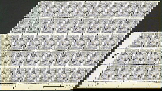 1942 China occupation, Mengkiang 4? violet ovpt 2? full sheet, unlisted MNH: Issued in 1942 under Japanese occupation in Mengkiang, this complete mint sheet of 50 stamps features a provisional black overprint reducing the value from 4 cents to 2 cents on the original Martyrs I