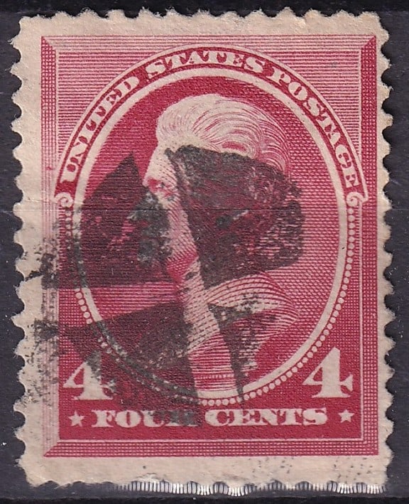1888 4¢ Dark Red Andrew Jackson, US Scott #215, Well-Centered Killer Cancel (1 of 2)