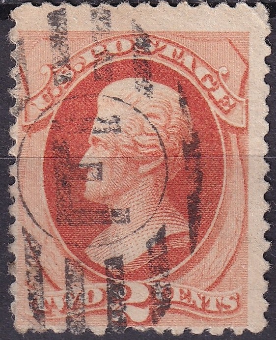 1880 2¢ Scarlet Orange Reprint, US Scott #203, Rare "E" Cancel (1 of 2)