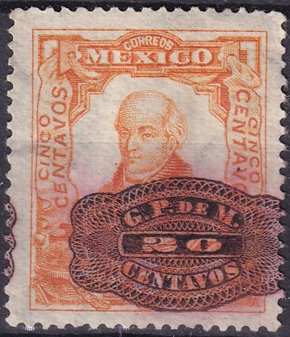 1916 20¢ on 5¢ Orange Miguel Hidalgo, Mexico Scott #579, MNH: Issued in 1916 during a turbulent period of political upheaval and revolutionary transformation in Mexico, this 20 centavos stamp features a typographically overprinted surcharge on a previously issue
