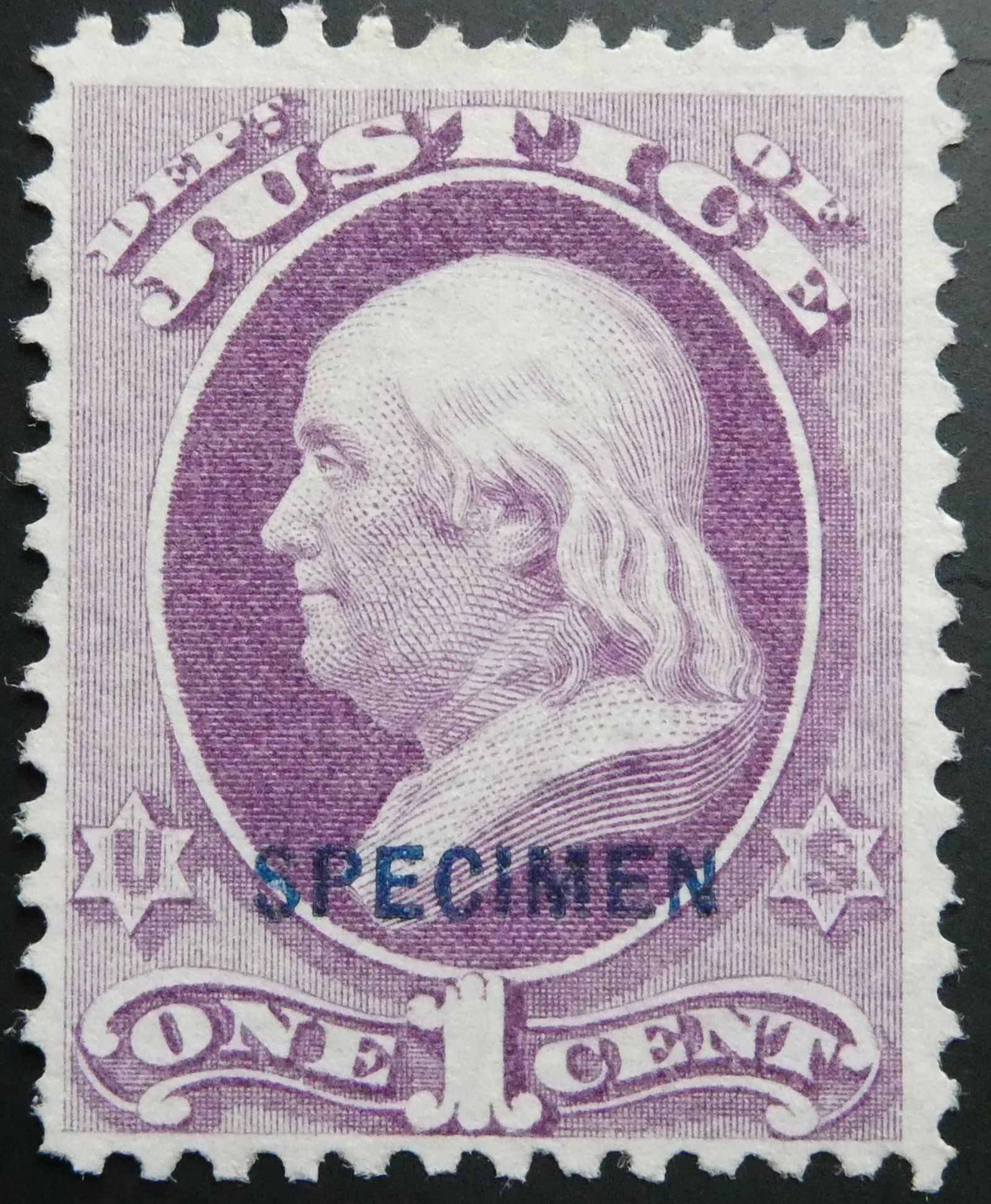 1873 US Justice Dept. 1c Franklin SPECIMEN, Purple, Sc O25S (1 of 2)