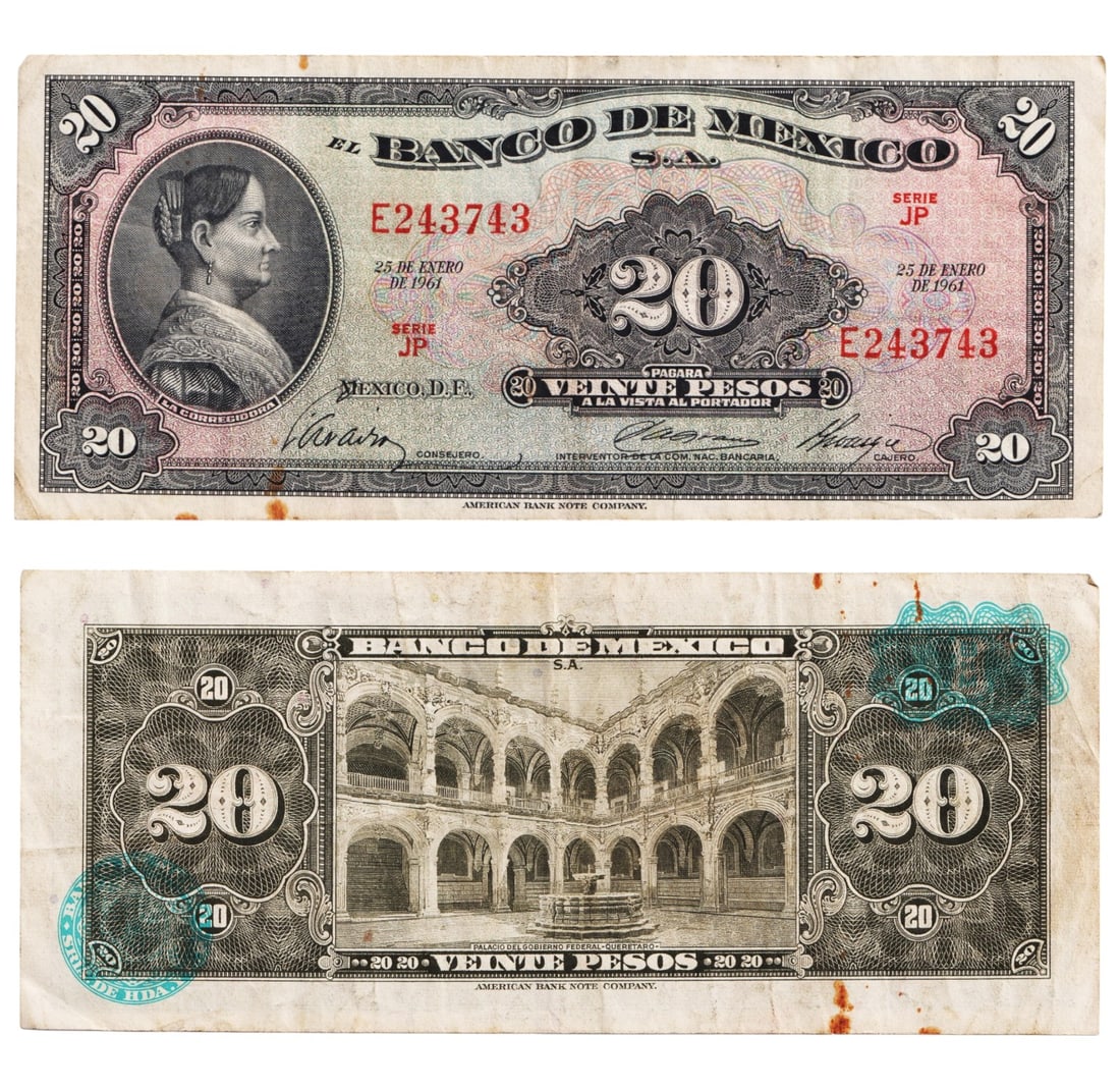 1961 Mexico 20 Pesos Banknote, Juarez Portrait, Banco de Mexico: This 20 pesos banknote, issued by the Banco de M?xico and dated January 25, 1961, features a powerful portrait of Benito Ju?rez, Mexico?s revered liberal reformer and president. Printed by the America
