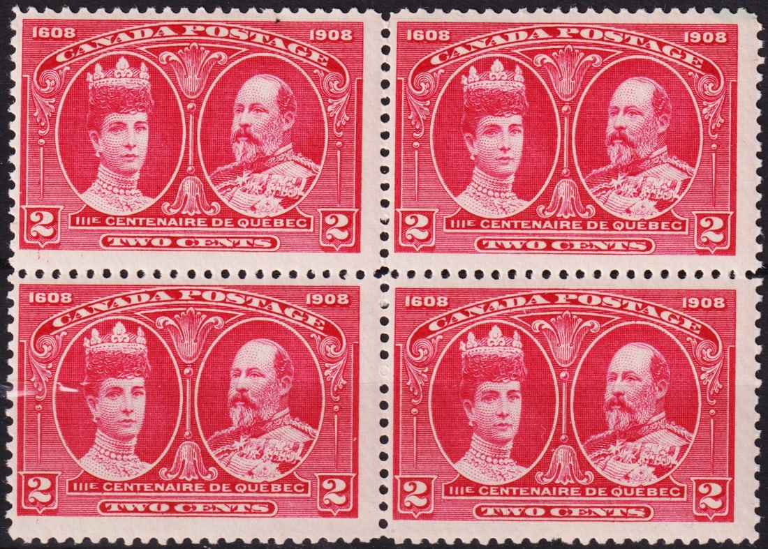 1908 Quebec Tercentenary 2 cent King Edward VII & Queen Alexandra block, Sc 97: Issued in 1908 to commemorate the 300th anniversary of the founding of Quebec City in 1608, this Canadian 2-cent stamp features dual portraits of King Edward VII and Queen Alexandra in a striking carm