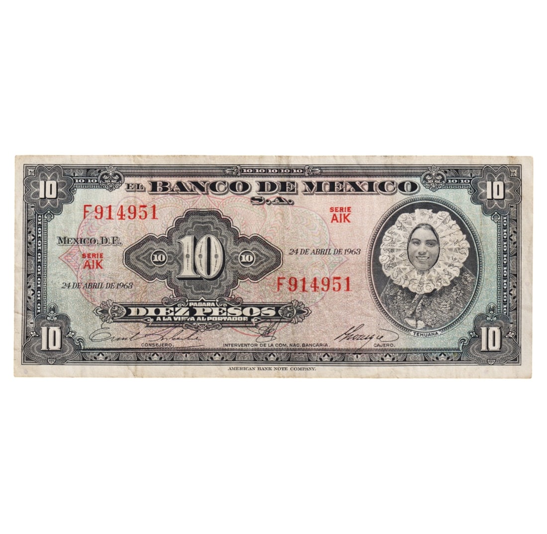 1963 Mexico 10 Pesos Banknote, Series AIK, Tehuana Portrait (1 of 2)