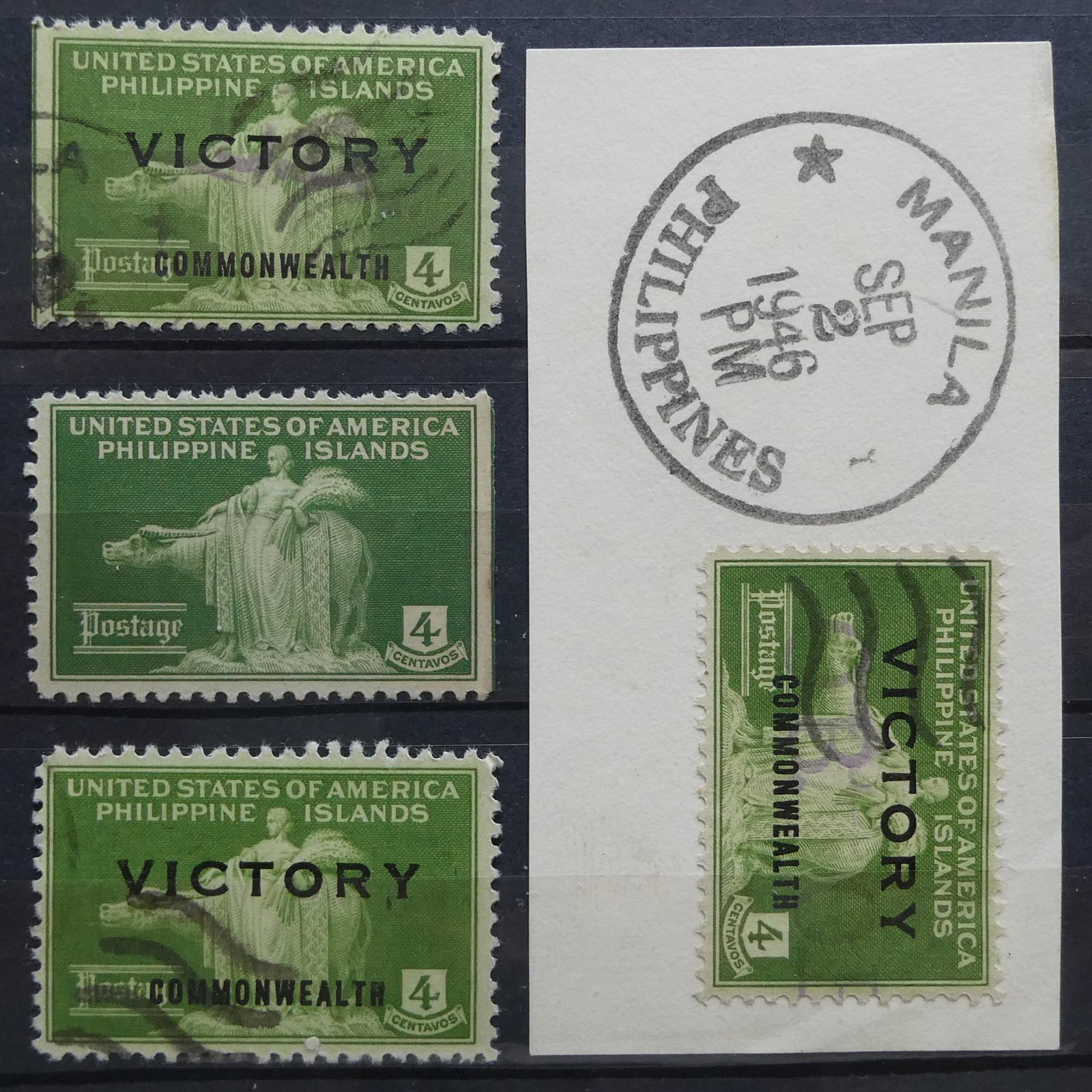 1944 US Philippines Official 4c, VICTORY handstamp, Scott O40: Issued during the final years of American governance over the Philippine Islands, this official stamp was originally part of the 1935?1941 definitive series, depicting the allegorical figure of ?Justi