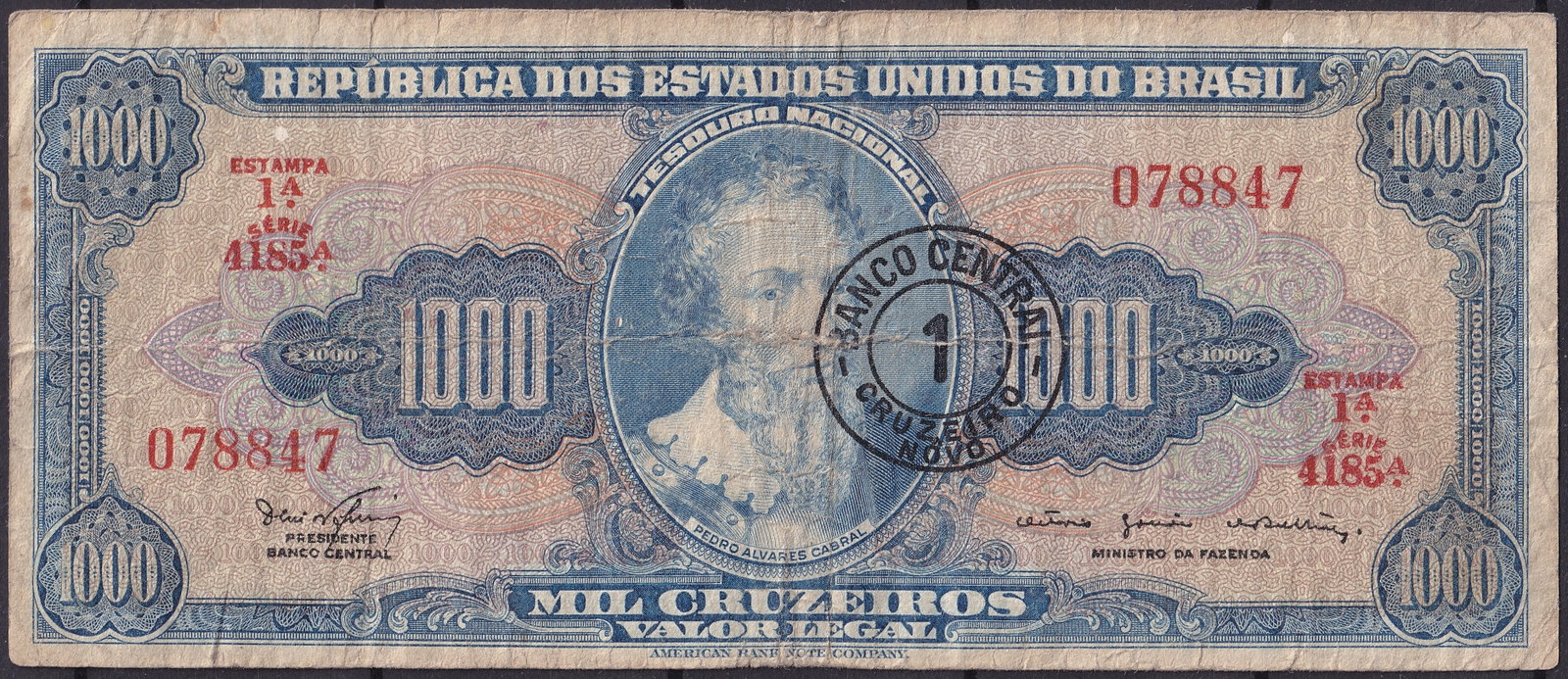 Brazil 1000 Cruzeiros Pedro Alvares Cabral Banknote (ND 1966–68) Pick#170b: Issued by the República dos Estados Unidos do Brasil, this 1000 Cruzeiros note dates from the second half of the 1960s (no date, issued circa 1966-1968) and features the portrait of Portuguese naviga