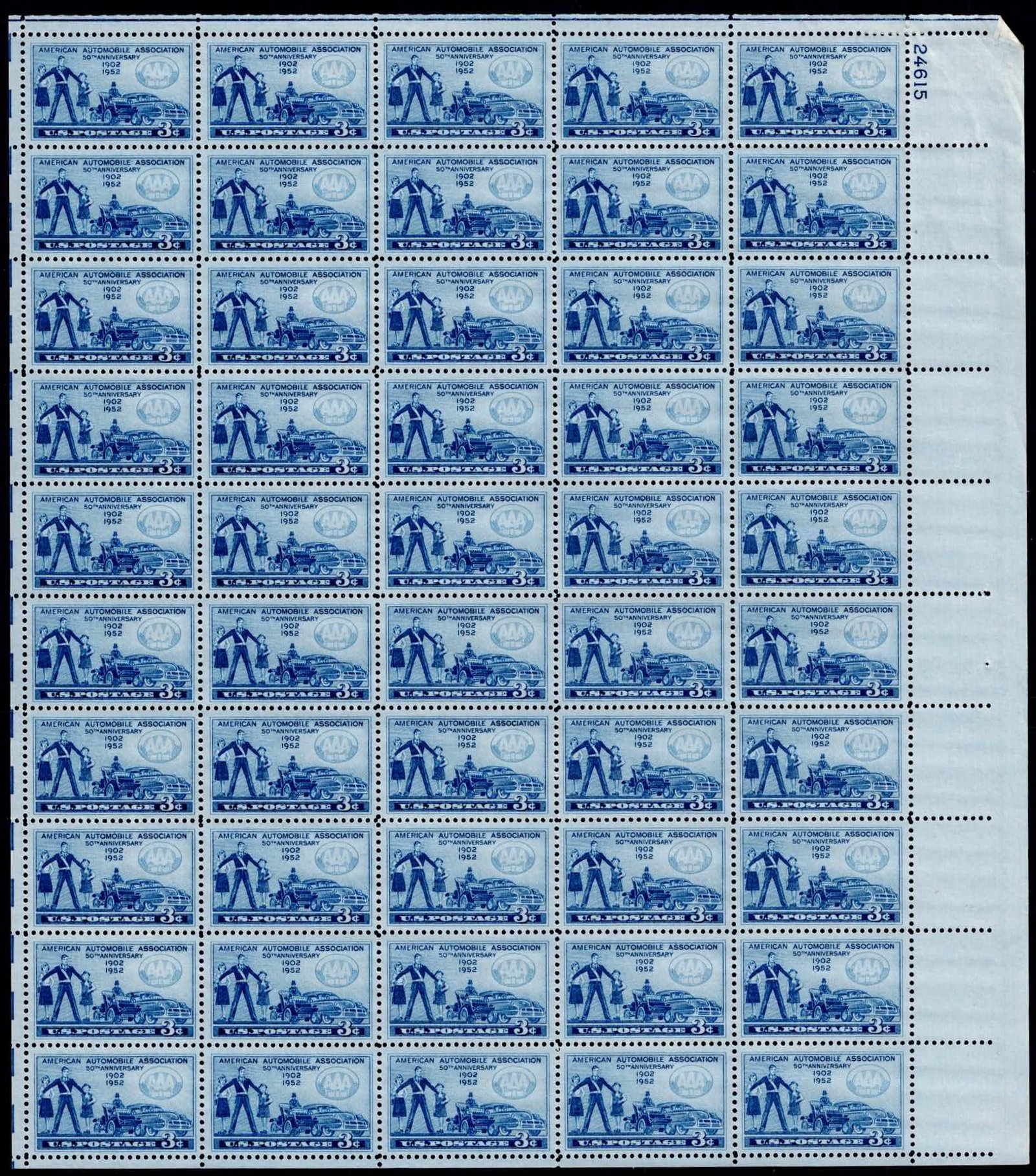 US 1952 50th Anniversary Plate Block of 50, Blue, Scott 1012 MNH: This commemorative plate block issued by the United States in 1952 celebrates the 50th anniversary of the American Automobile Association (AAA), founded in 1902 to advocate for motorists and promote r