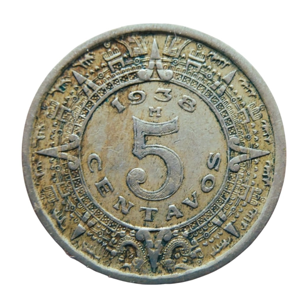 1938 Mexico 5 Centavos Coin, Aztec Calendar Motif, KM#423 (1 of 2)