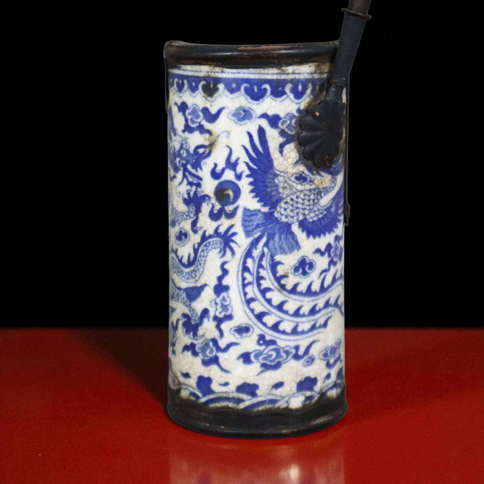 Chinese Blue and White Porcelain Opium Pipe with Dragon and Phoenix, c. 1900–1930, Xuande Mark (1 of 5)