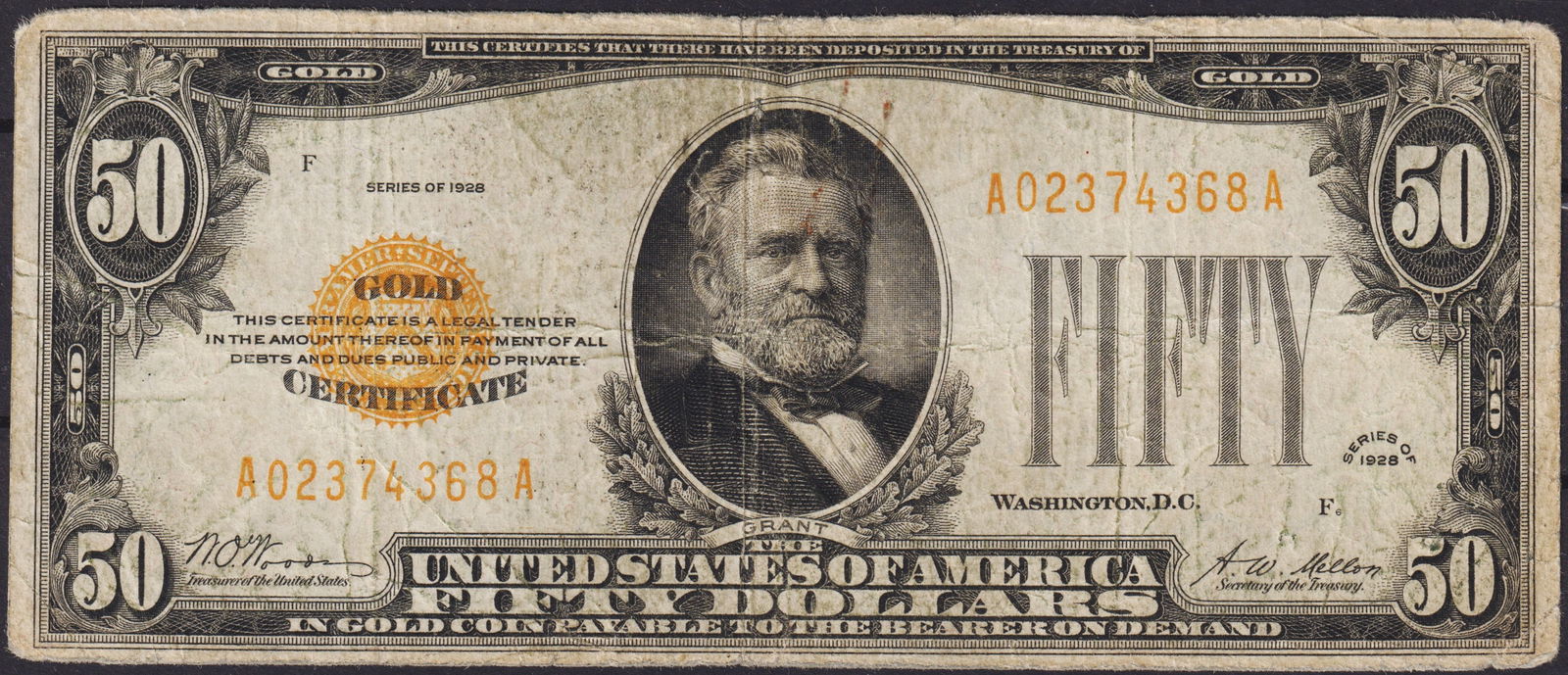 1928 USA $50 Gold Certificate with Ulysses S. Grant Portrait, Orange Seal (1 of 2)