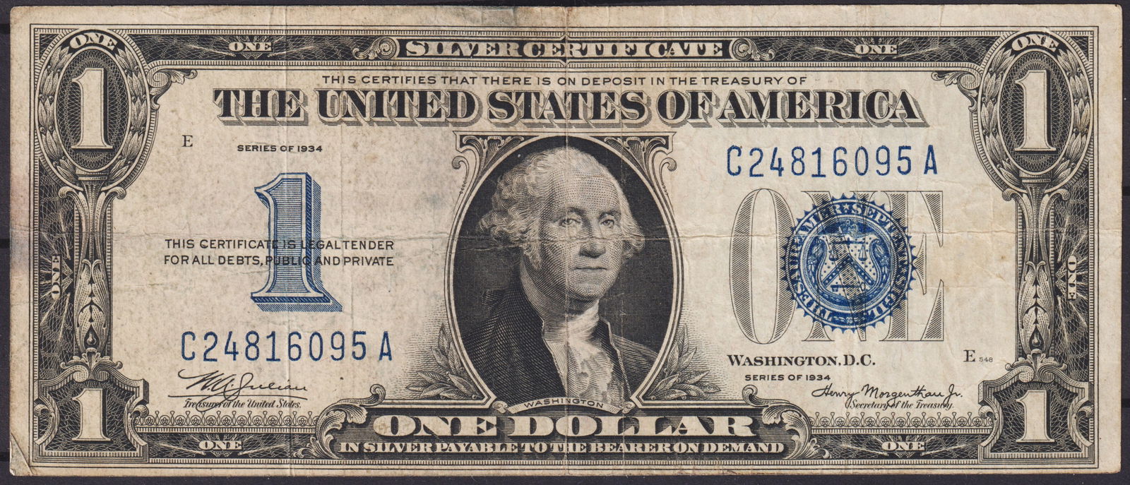 1934 One Dollar Silver Certificate, Blue Seal, Washington Portrait (1 of 2)